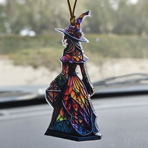 Acrylic Vintage Witch In Magical Stained Glass Dress Ornament Pendant - Picture 1 of 7